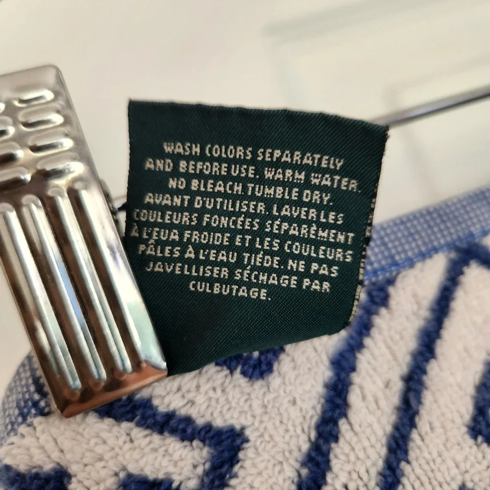 RLL Lauren Ralph Lauren Hand Towel Denim Blue and Cream T pattern - Picture 6 of 6